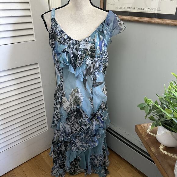 dressbarn Dresses & Skirts - Vintage Dressbarn Dress Womens 16 Blue Tiered Asymmetric Beaded Y2K Fairy Grunge